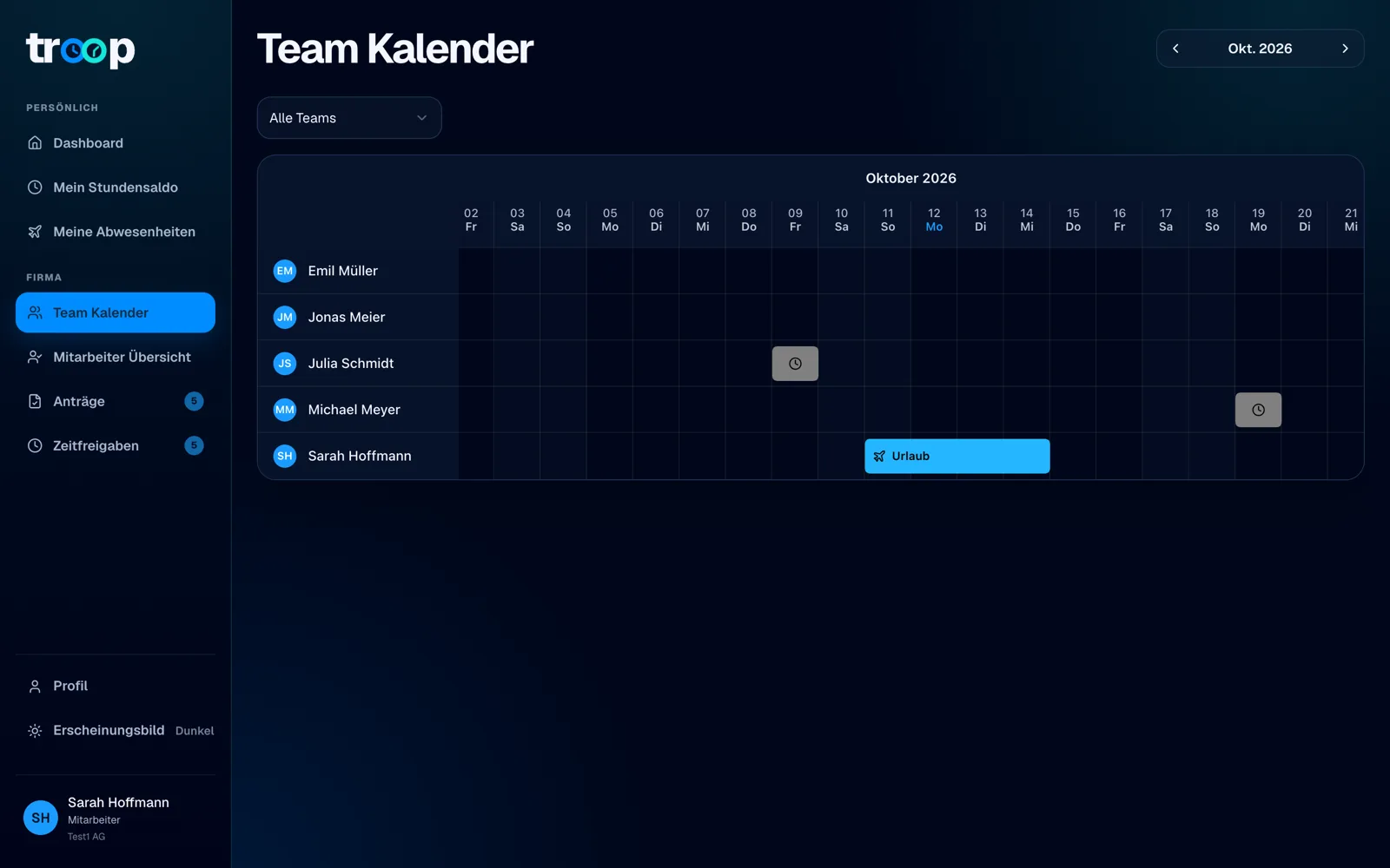Teamkalender mit Ferien auf der Zeitachse.