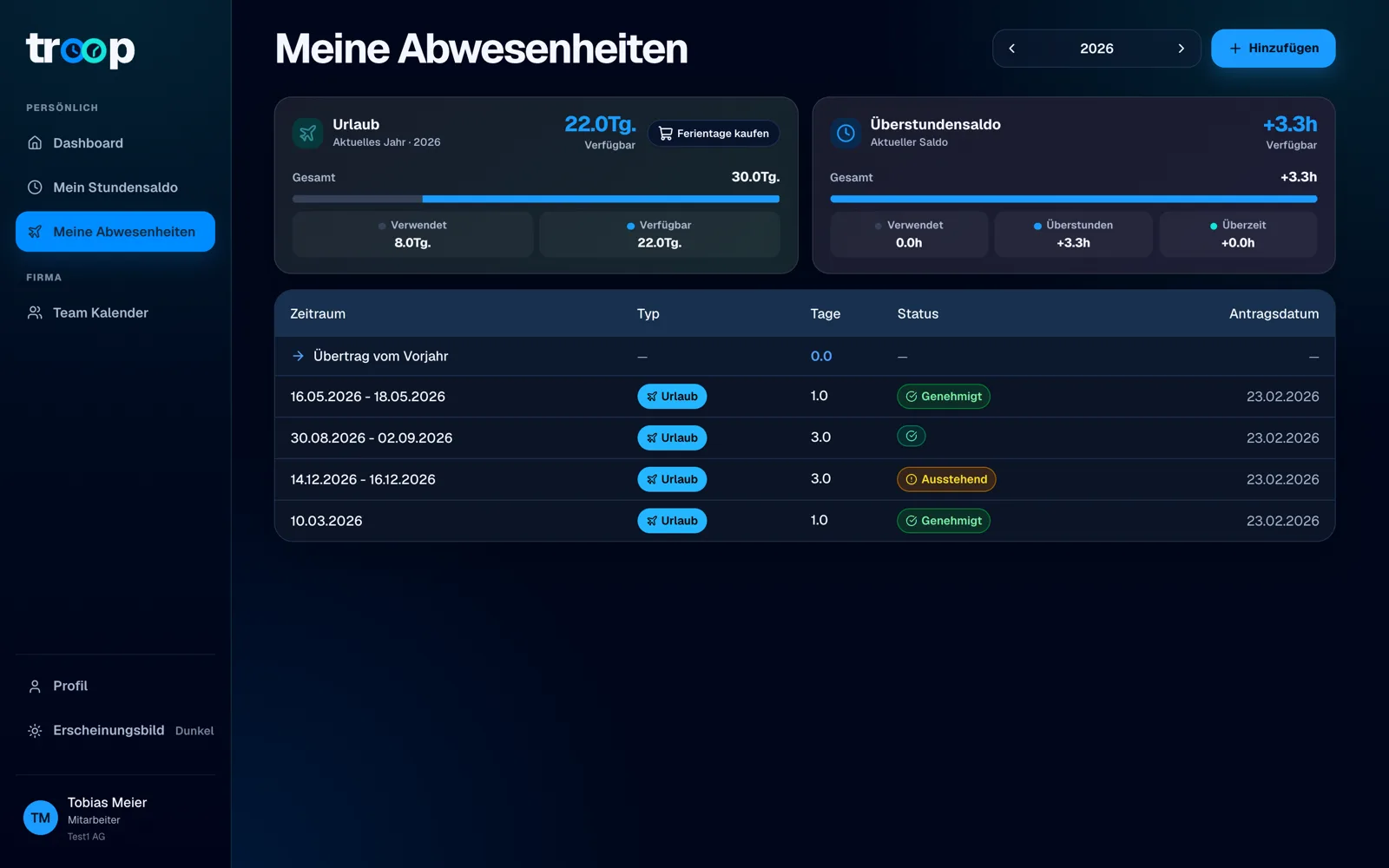 Abwesenheiten mit Ferienguthaben und den eigenen Anträgen.