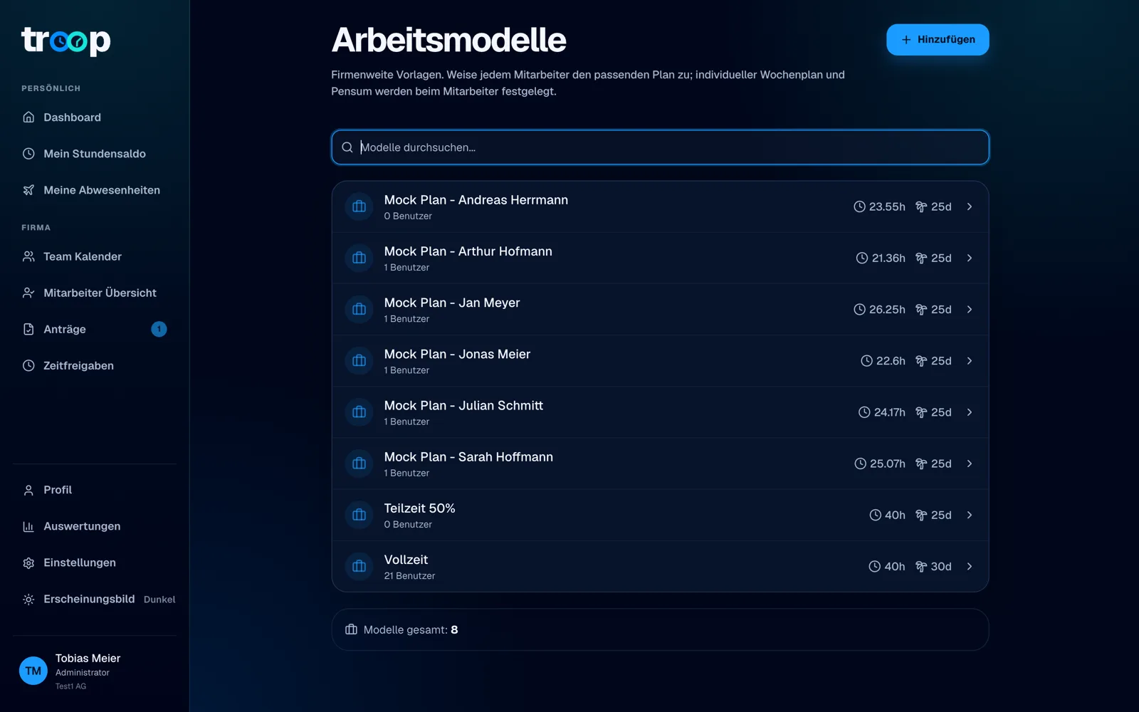 Arbeitsmodelle mit Wochenstunden, Ferientagen und Anzahl der Personen.