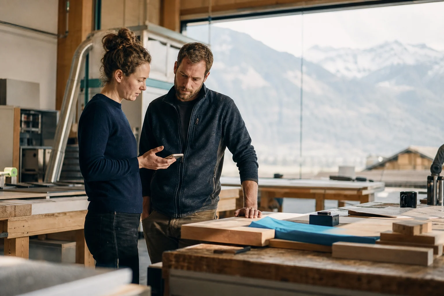 Zwei Mitarbeitende eines Schweizer Handwerksbetriebs besprechen ihre Arbeit in einer Werkstatt